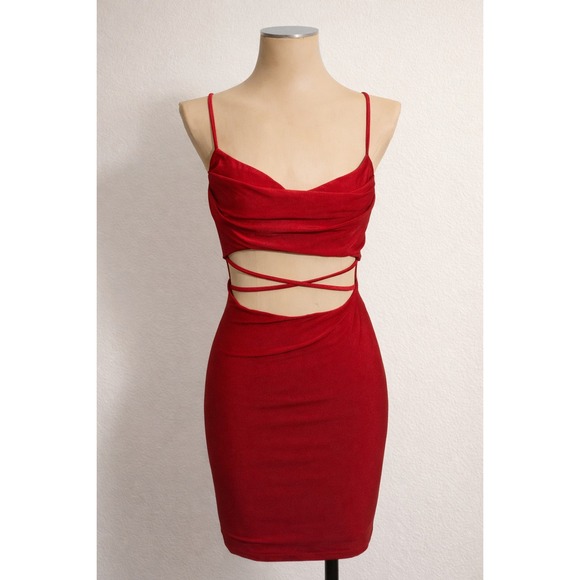 Windsor Dresses & Skirts - Windsor Red Cutout Bodycon Mini Dress Cowl Neck Strappy Waist Mens Small